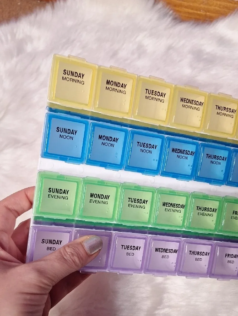 Weekly 28-Slot Pill Organizer - Yellow, Blue, Green, Purple